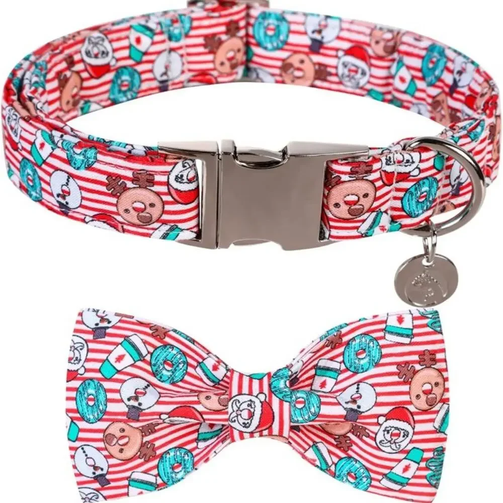 DOGWONG Christmas Dog Collar with Sailor Bow, Red Santa Claus Stripe Dog Collar